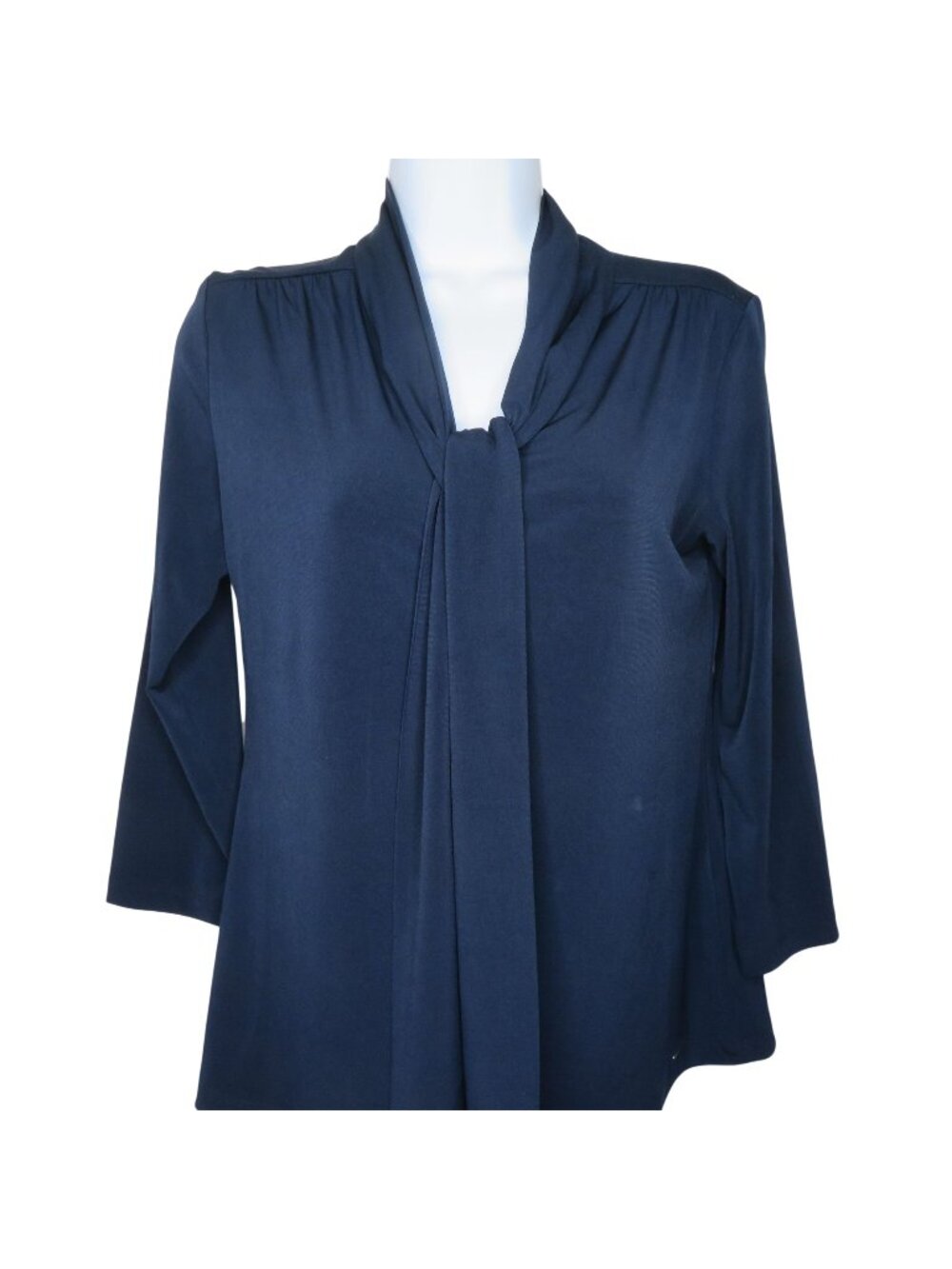 Vintage Tahari Navy Blue 3/4 Sleeve Tie-Neck Blouse Womens Small Polyester Blend